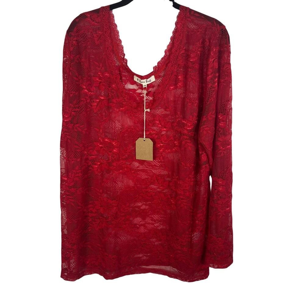A Rare Bird Red Floral Lace Tunic Top L XL Long Sleeve Boho Romantic Sheer NWT